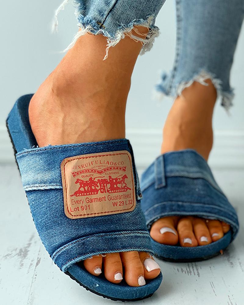

Letter Print Denim Patch Flat Sandals, Blue