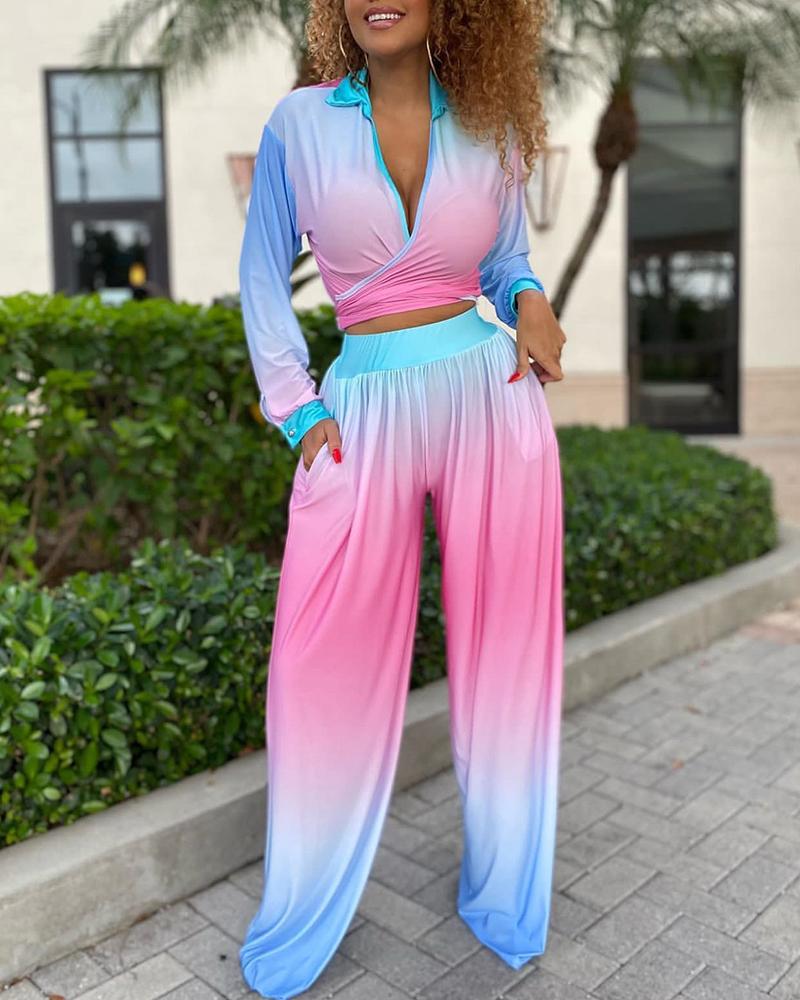 

Ombre Tied Detail Top & Wide Leg Pants Set, Multicolor