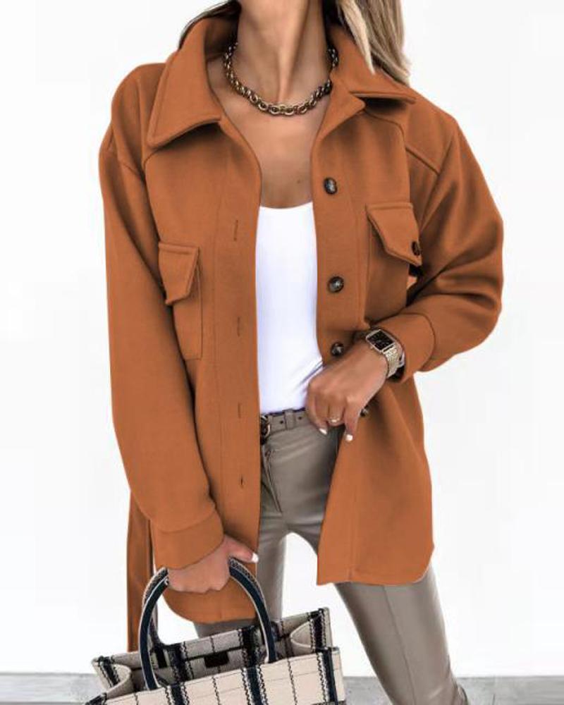 

Flap Detail Drop Shoulder Button Up Coat, Brown