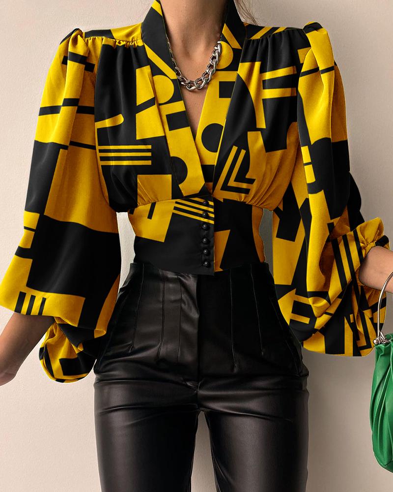 

Geometric Print Puff Lantern Sleeve Top, Yellow