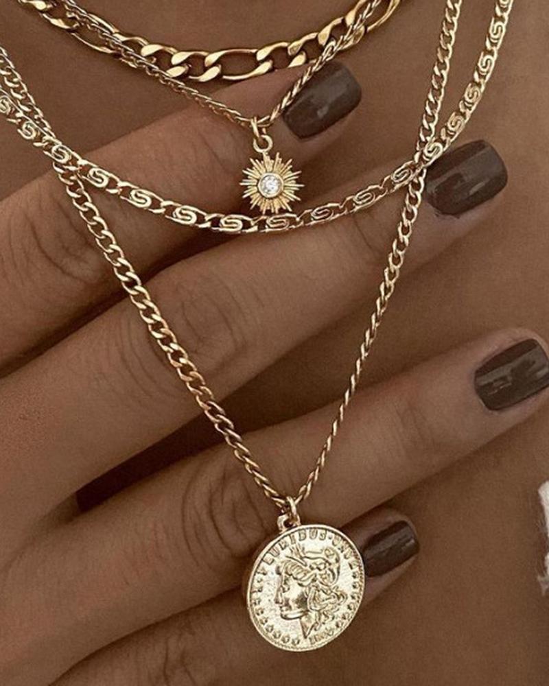 

4pcs Punk Figure Pattern Coin Pendant Layered Necklace, Gold