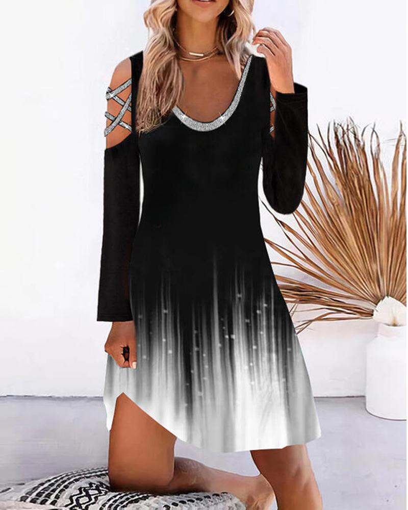 

Ombre Cold Shoulder Contrast Sequin Casual Dress, Black
