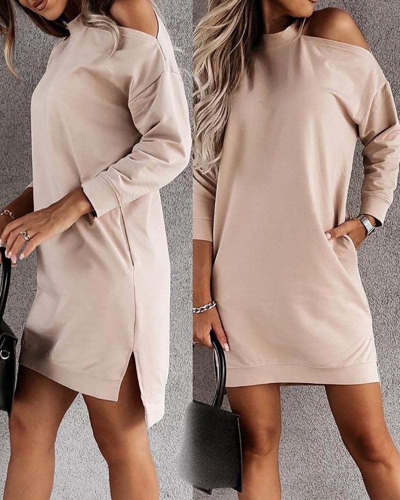 

Cold Shoulder Pocket Design Slit Casual Dress, Khaki