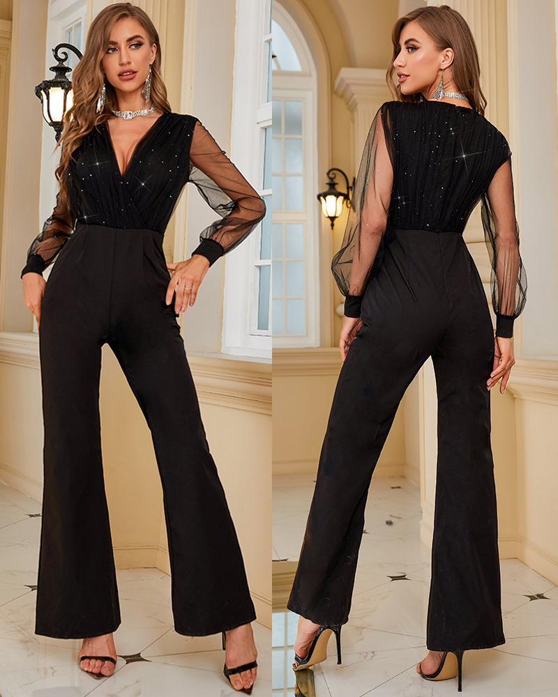 

Glitter Contrast Mesh Straight Leg Jumpsuit, Black