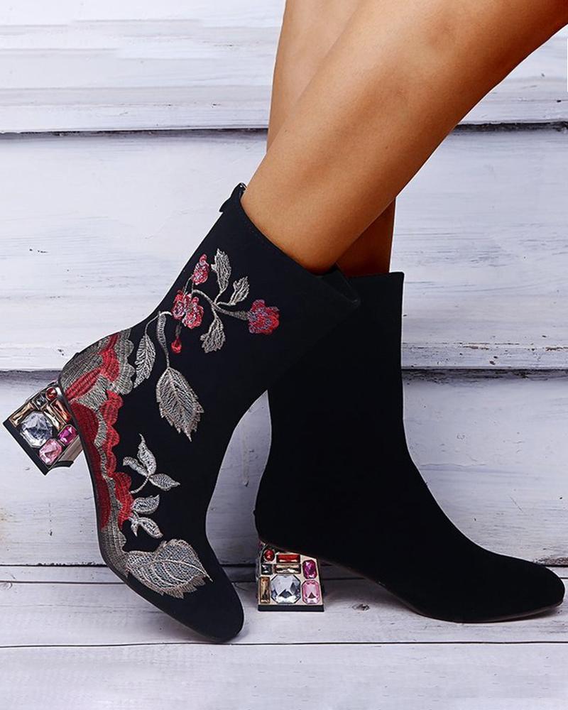 

Floral Embroidery Chunky Heel Vintage Ankle Boots, Black