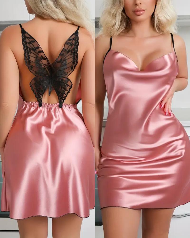

Contrast Lace Butterfly Cowl Neck Spaghetti Strap Satin Sleep Dress Sexy Slim Fit Babydoll, Pink