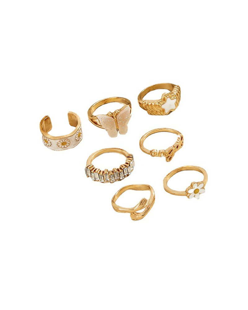 

7PCS/Set Rhinestone Decor Star Daisy Letter Butterfly Pattern Ring, Gold