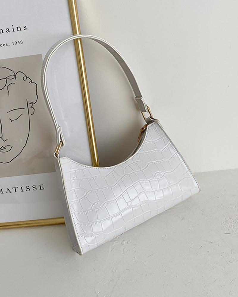 

Croc Embossed Zipper Decor Baguette Bag, White