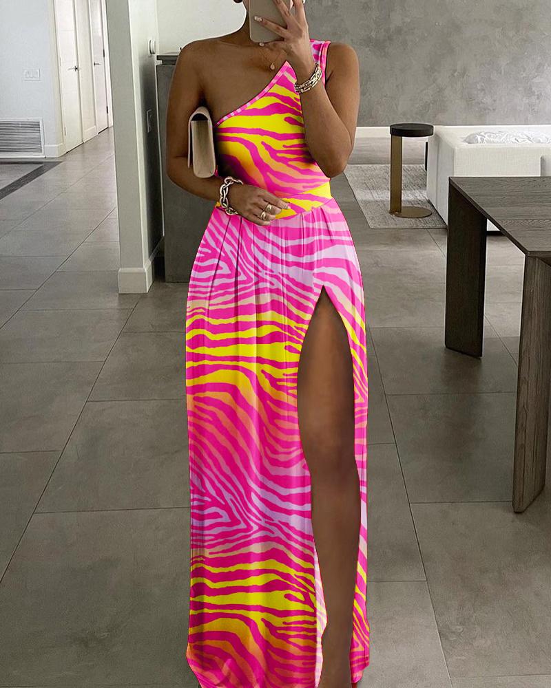 

Zebra Stripe Print One Shoulder High Slit Maxi Dress, Hot pink