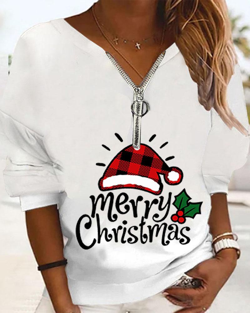 

Plus Size Christmas Santa Hat Print Zip Front Casual Top, White