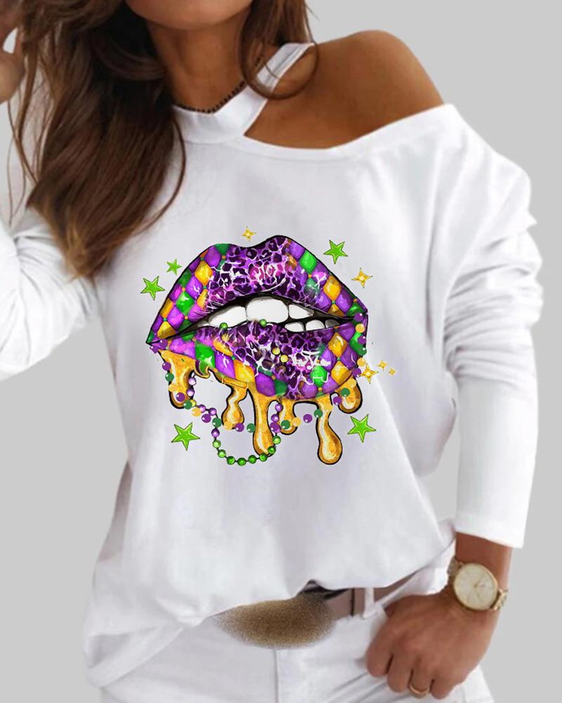 

Mardi Gras Lip Print Cold Shoulder Top, White