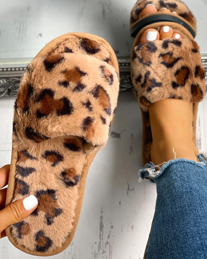 Fluffy Leopard Open Toe Flat Slippers