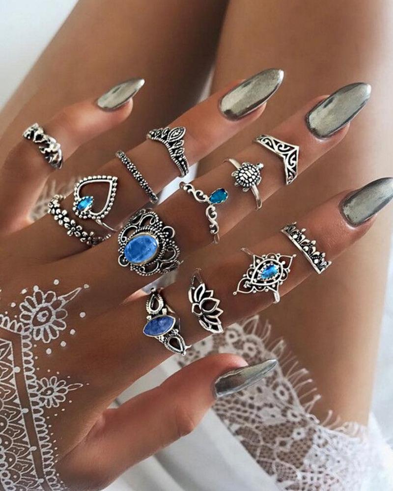 

13pcs Retro Hollow Out Floral Geometrical Turtle Rings Set, Blue