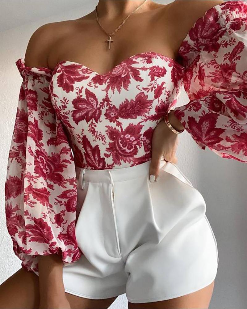

Floral Print Lantern Sleeve Off Shoulder Top, Red