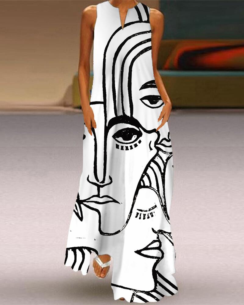 

Abstract Figure Print Sleeveless Maxi Dress, White