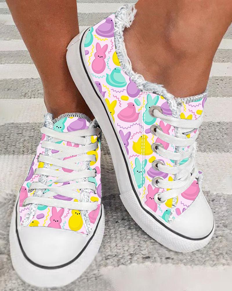 

Easter Bunny Egg Print Fringe Hem Canvas Sneakers, Multicolor