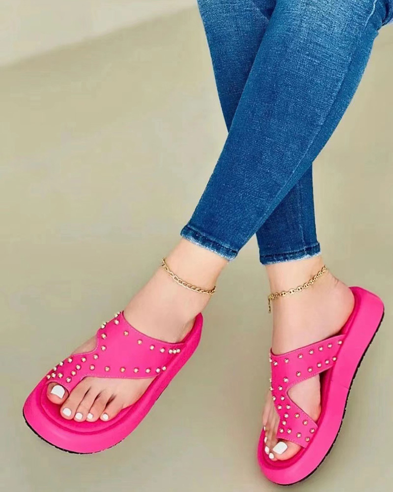 

Studded Hollow Out Toe Post Slippers, Hot pink