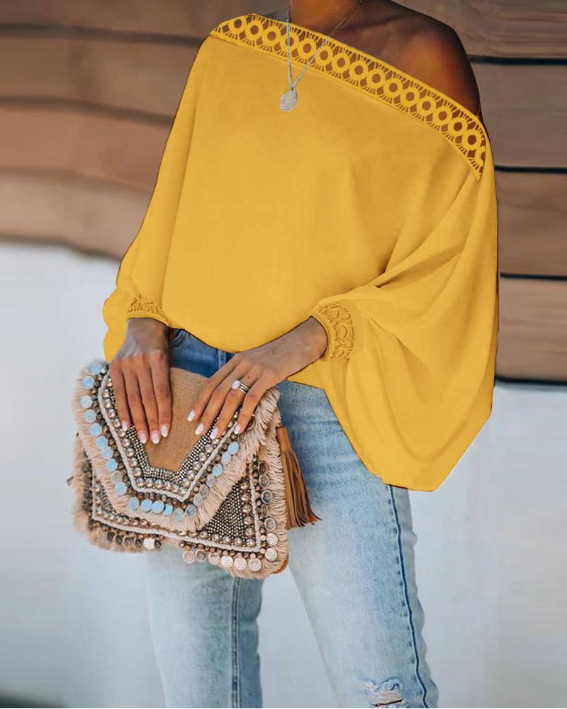 

Contrast Lace Lantern Sleeve Top, Yellow