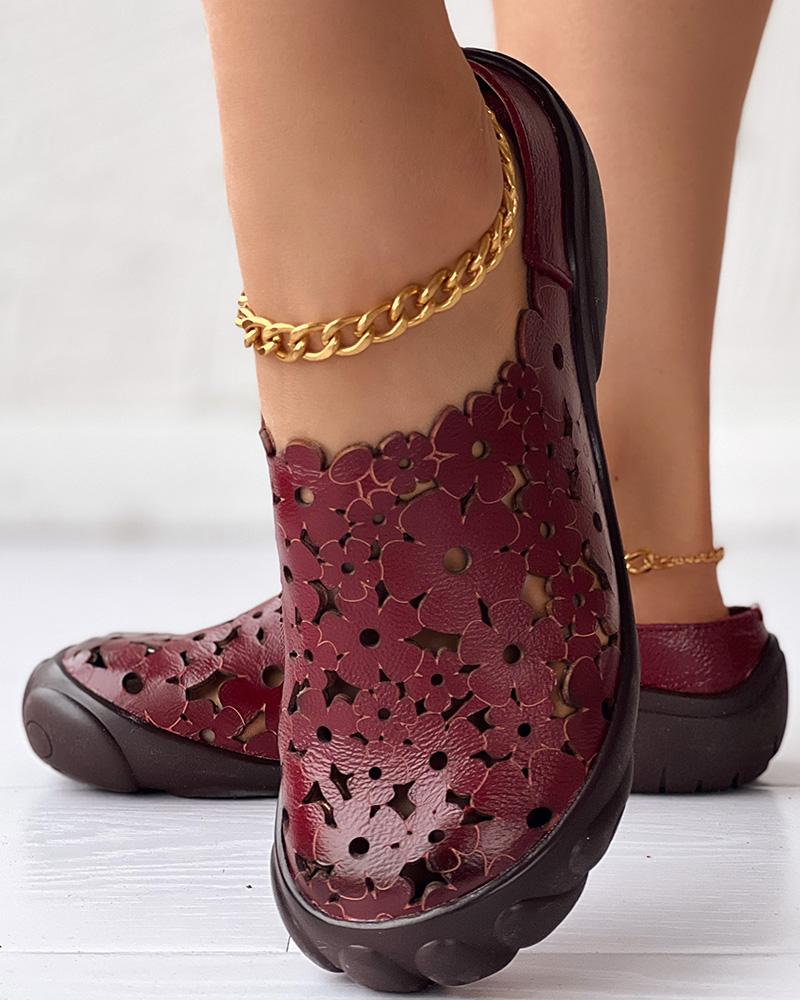 

Hollow Out Floral Pattern Loafer Slippers, Wine red