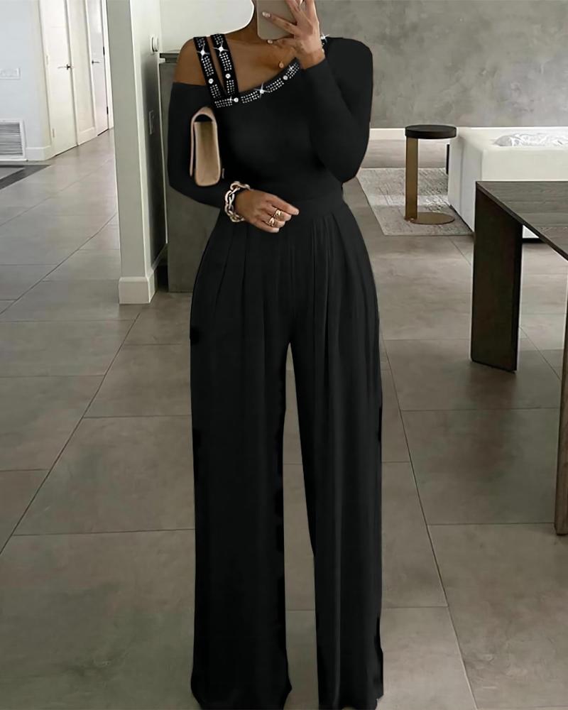 

Rhinestone Cold Shoulder Wide Leg Jumpsuit, Black