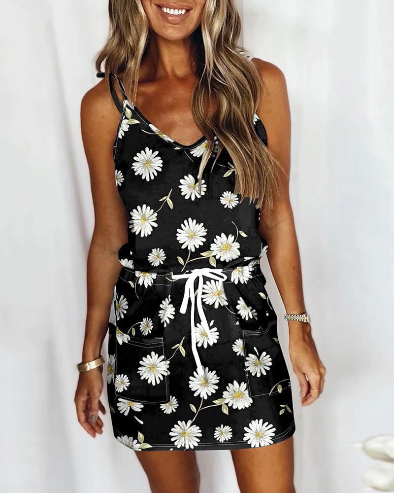 Daisy Print Drawstring Pocket Design Casual Dress