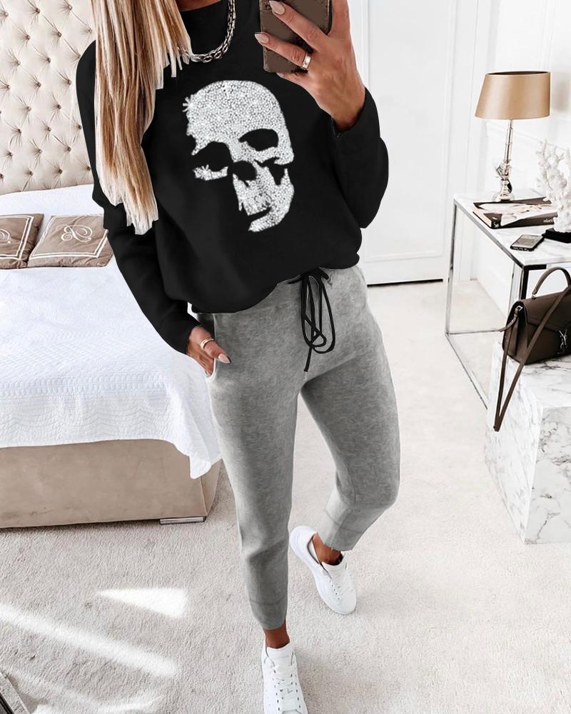 

Skull Print Studded Top & Drawstring Waist Pants Set, Black