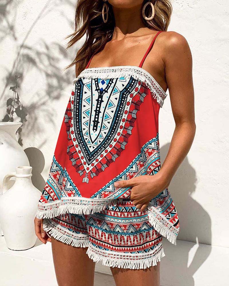 

Tribal Print Tassel Cami Top & Shorts Set, Multicolor