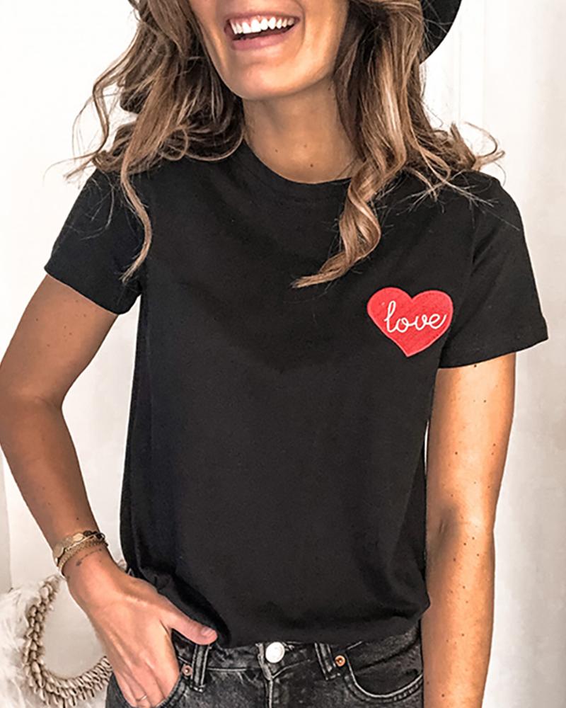 

Heart Print Round Neck Casual T-shirt, Black