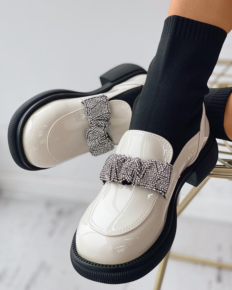

Rhinestone Strap Chunky Mary Jane Sock Boots, Beige
