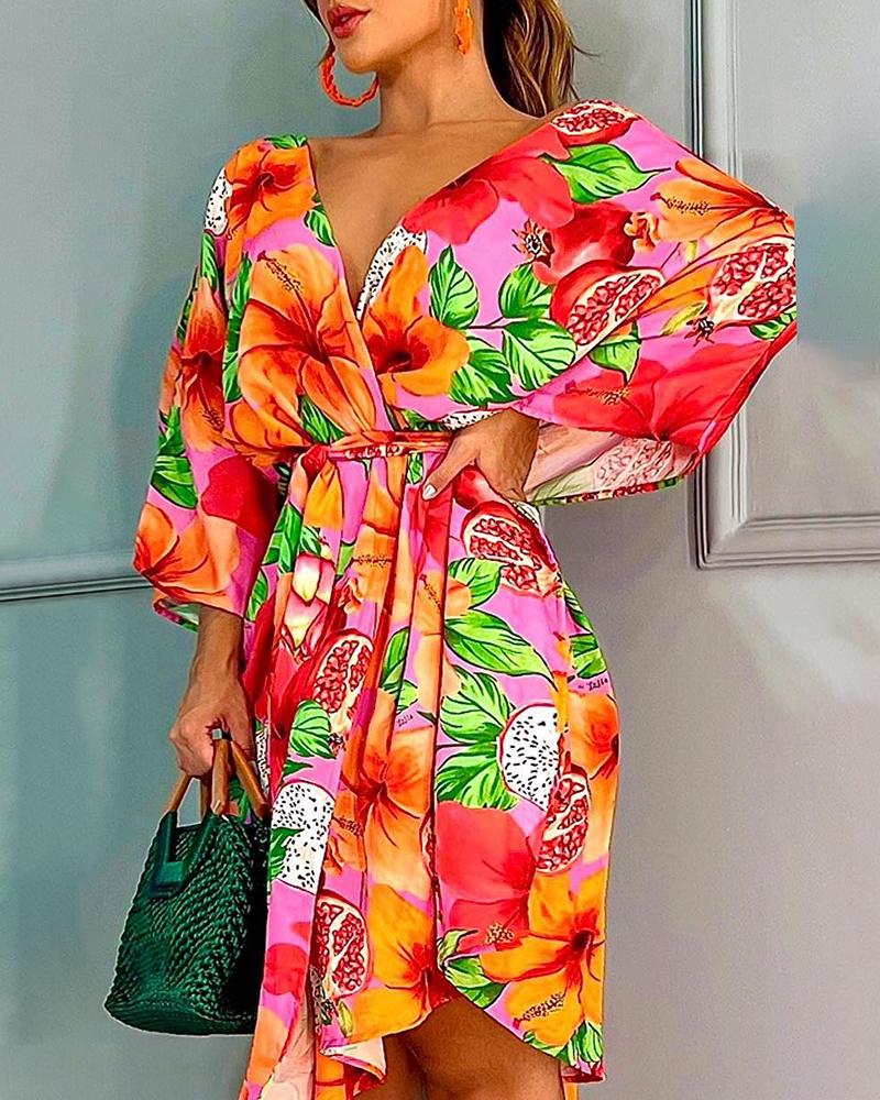 

Bell Sleeve Backless Floral Print Dress, Orange