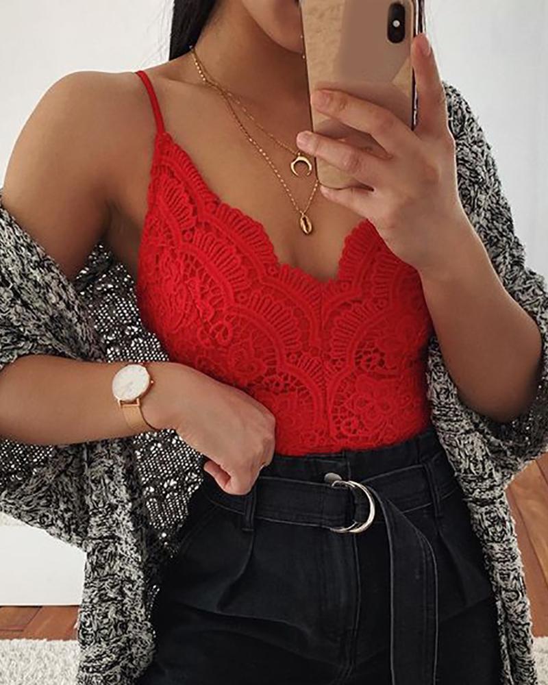 

Crochet Lace Spaghetti Strap Skinny Bodysuit, Red