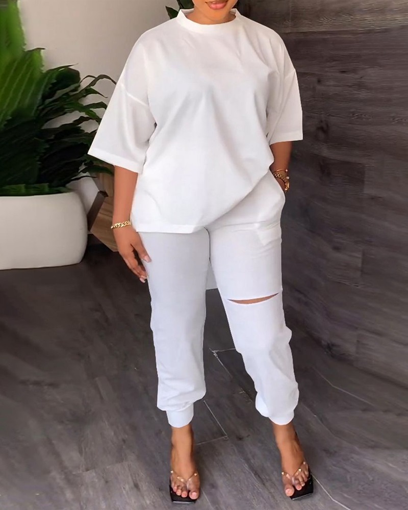 

Round Neck Top & Pocket Design Cutout Cuffed Pants Set, White