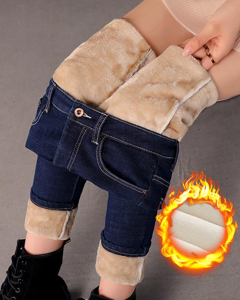 

Lined Pocket Button Design Skinny Jeans, Blue