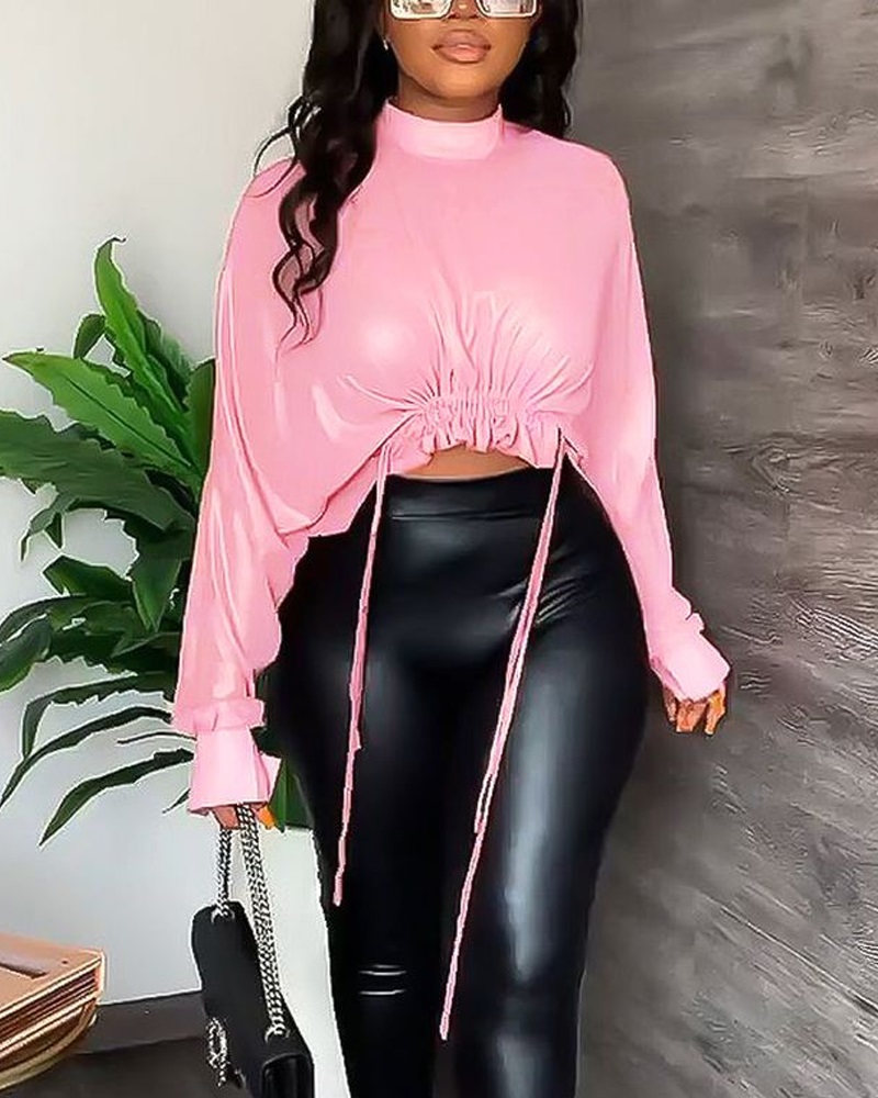 

Long Sleeve Drawstring Frill Hem Crop Top, Pink