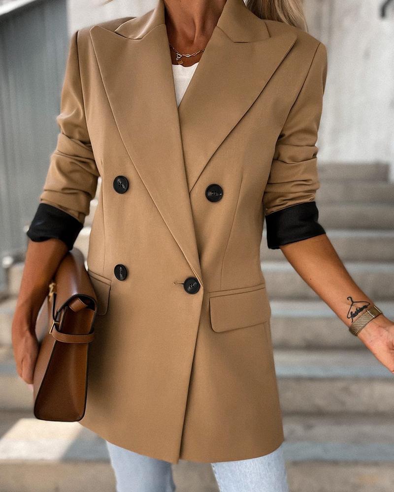 

Button Pocket Decor Long Sleeve Blazer Coat, Dark brown