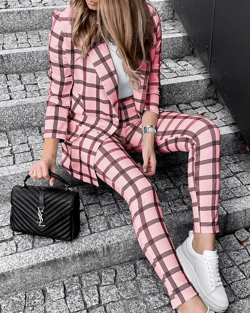 

Long Sleeve Plaid Print Blazer Coat & Pants Set, Pink