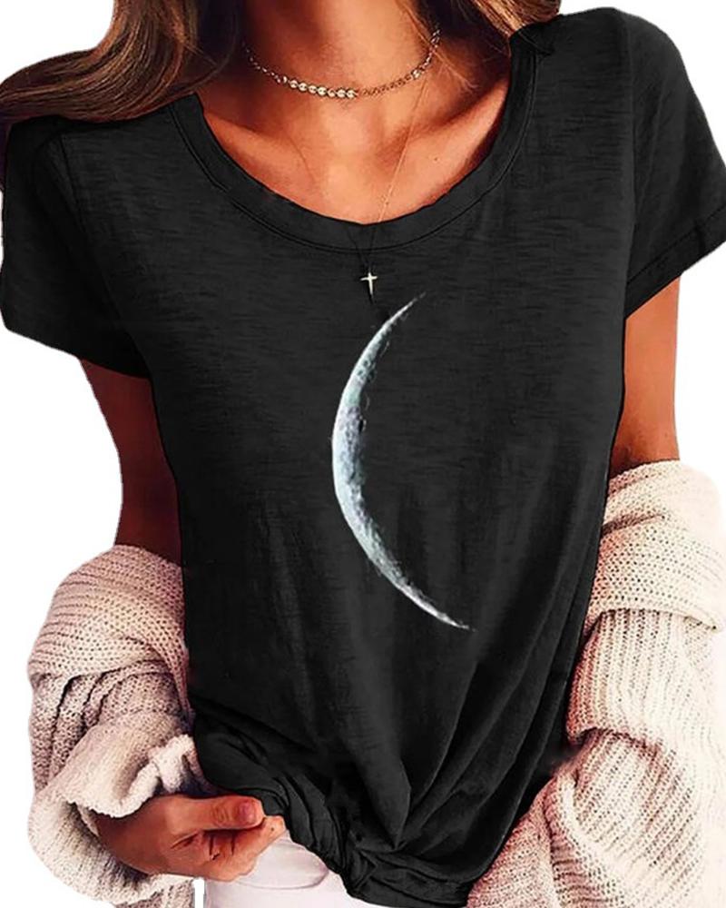 

Moon Print Short Sleeve T-shirt, Black