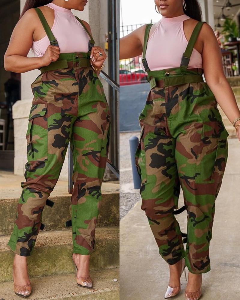 

Camouflage Print Pocket Design Suspender Jumpsuit, Camoflage