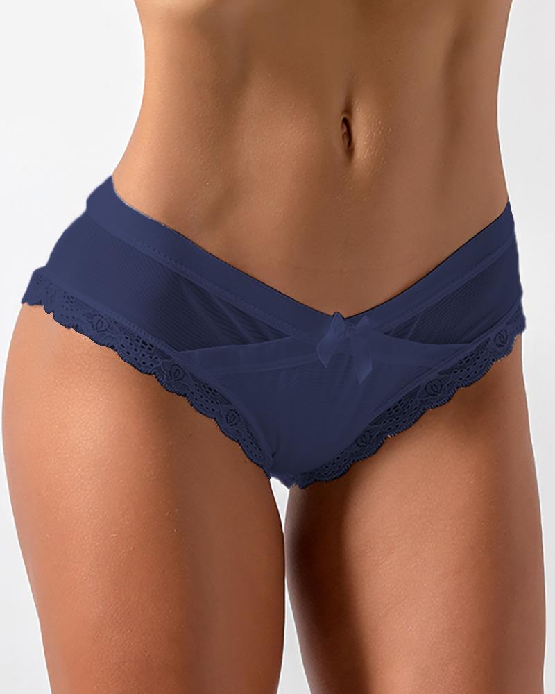 

Bowknot Front Sheer Mesh Lace Trim Mid-Rise Panty, Blue