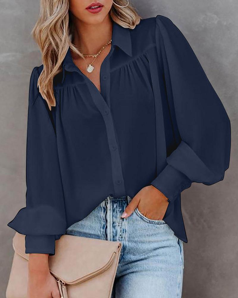

Lantern Sleeve Ruched Buttoned Shirt, Purplish blue