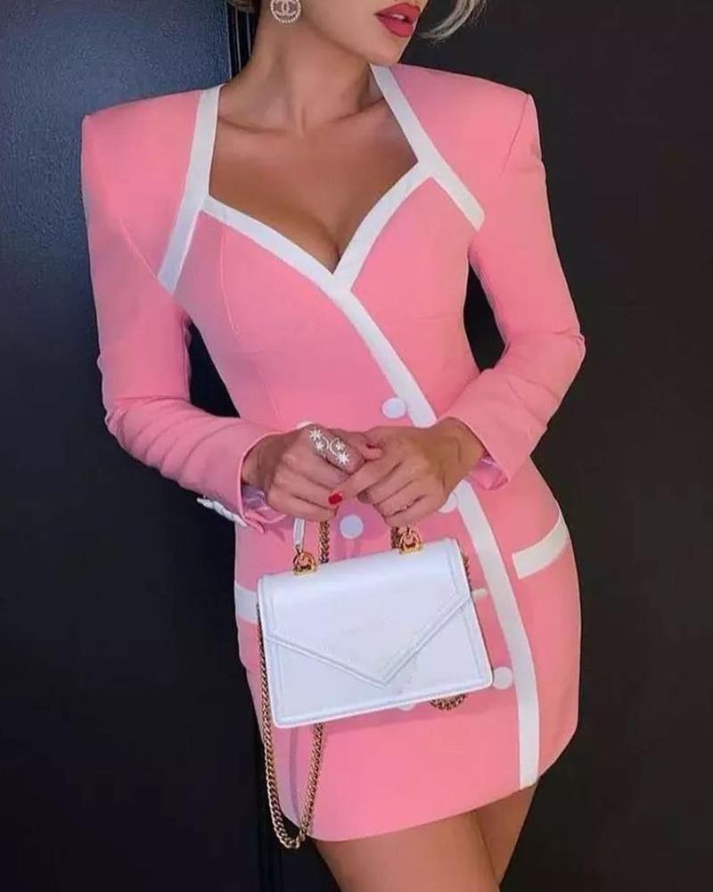 

Button Decor Padded Shoulder Blazer Dress, Pink