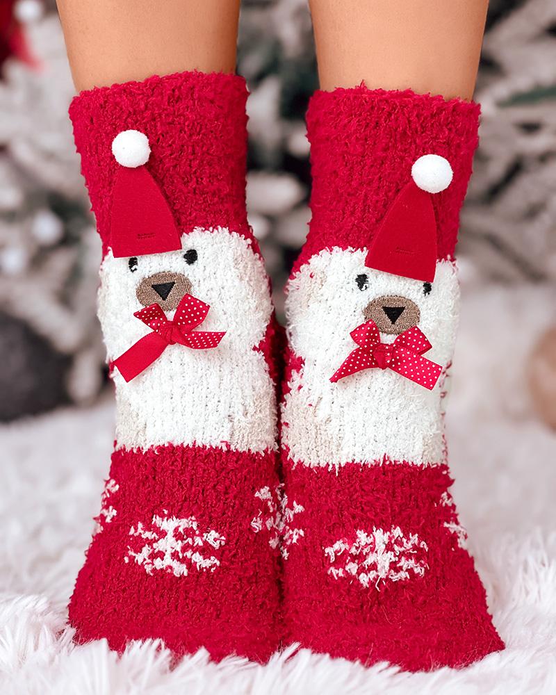 

1Pair Christmas Snowflake Elk Snowman Pattern Fuzzy Thermal Socks, Style1