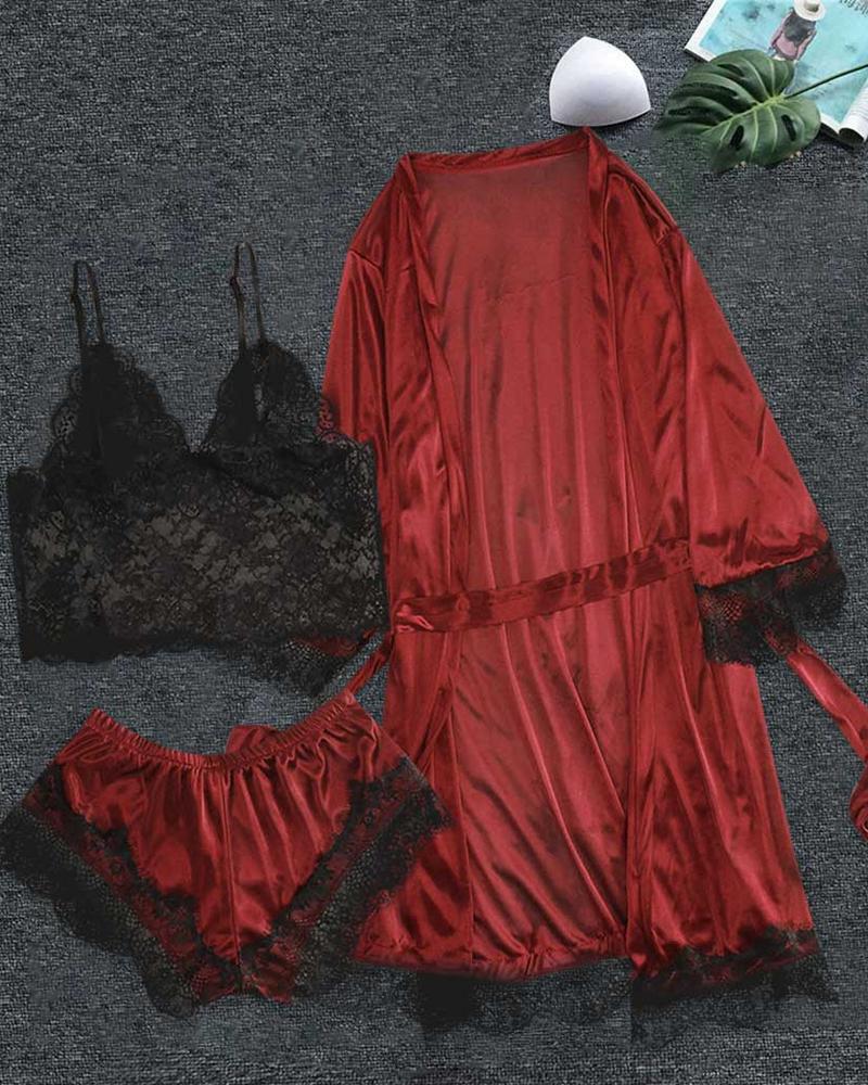 

3PCS Satin Lace Trim Cami Set With Robe, Wine red