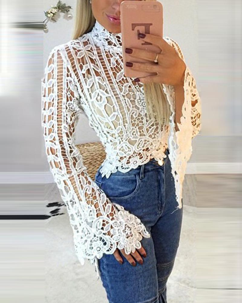

Flared Sleeves Guipure Lace Top, White