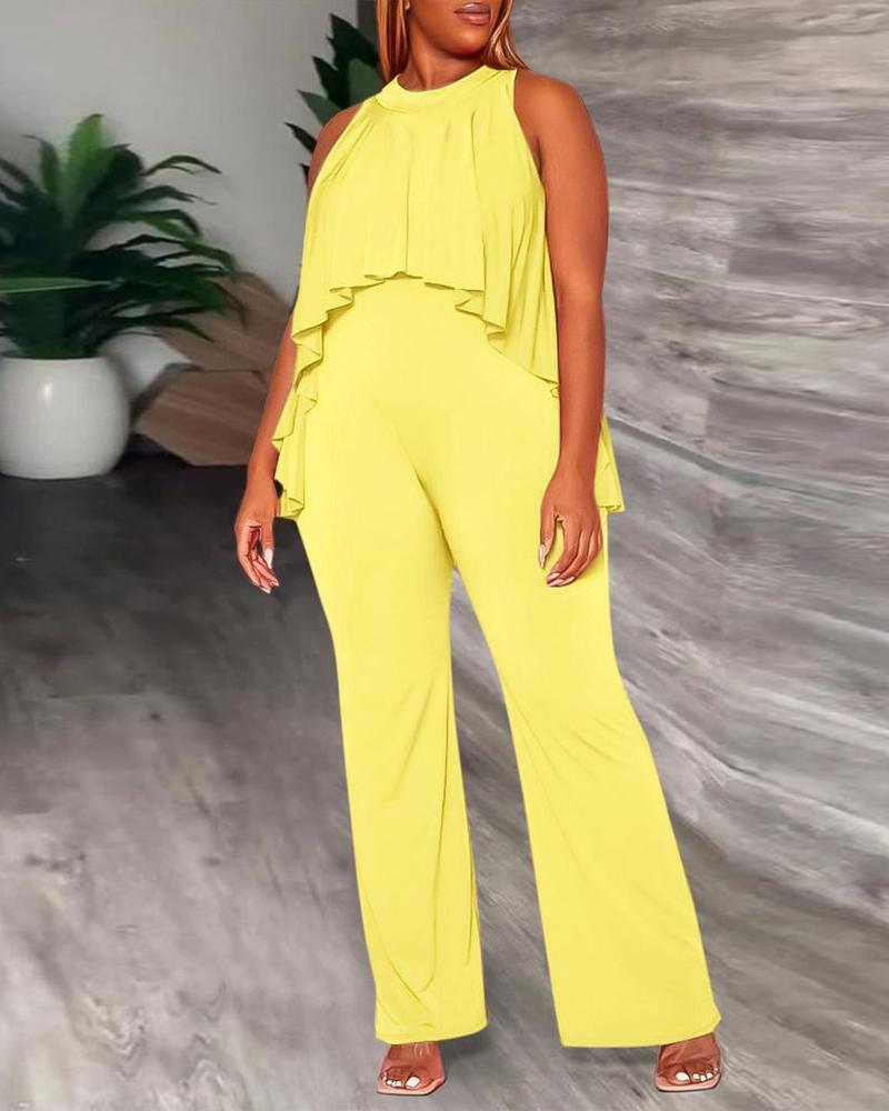 

O-Neck Ruffles Wide Leg Jumpsuits, Yellow