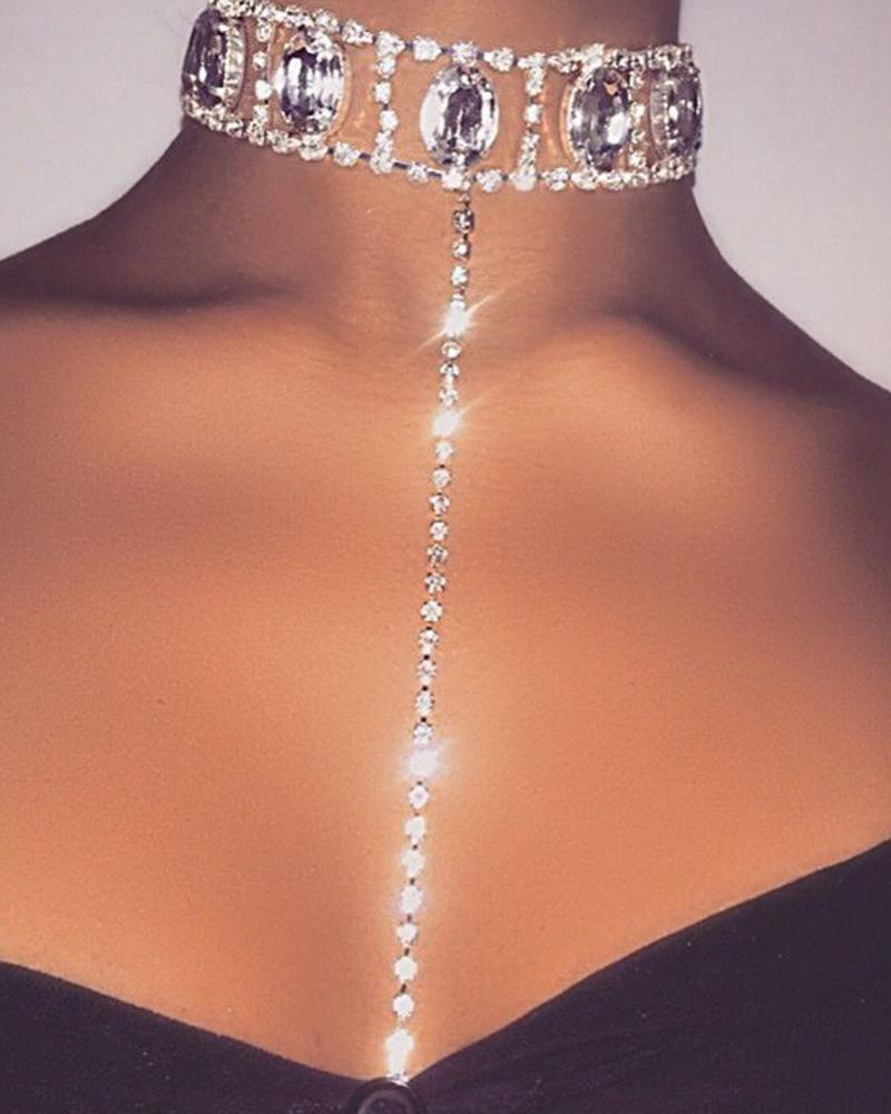 

Rhinestone Detail Tassel Choker Necklace, Silver