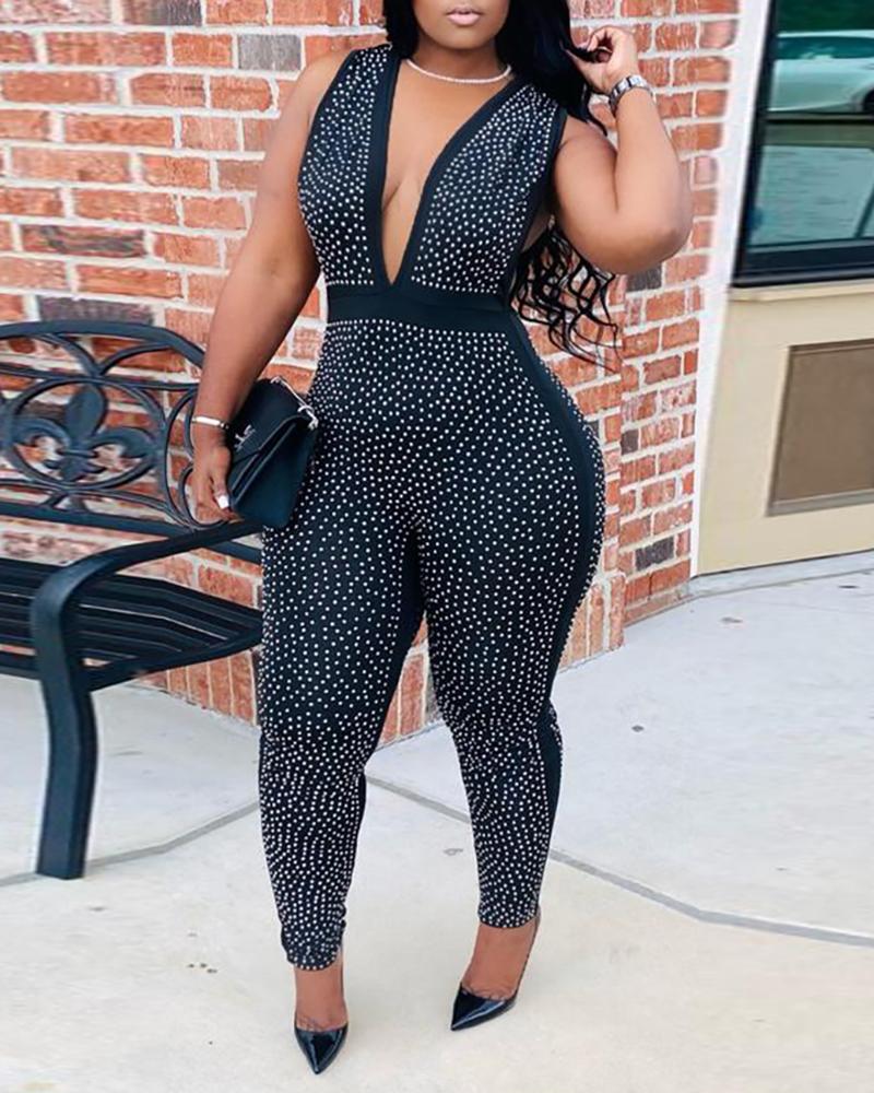 

Plus Size Sleeveless Rhinestone Plunge Jumpsuit, Black