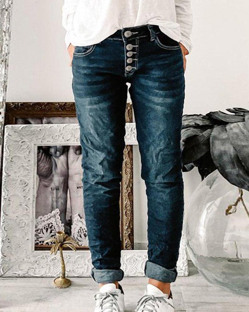 

Button Fly Low Waist Straight Leg Jeans, Dark blue