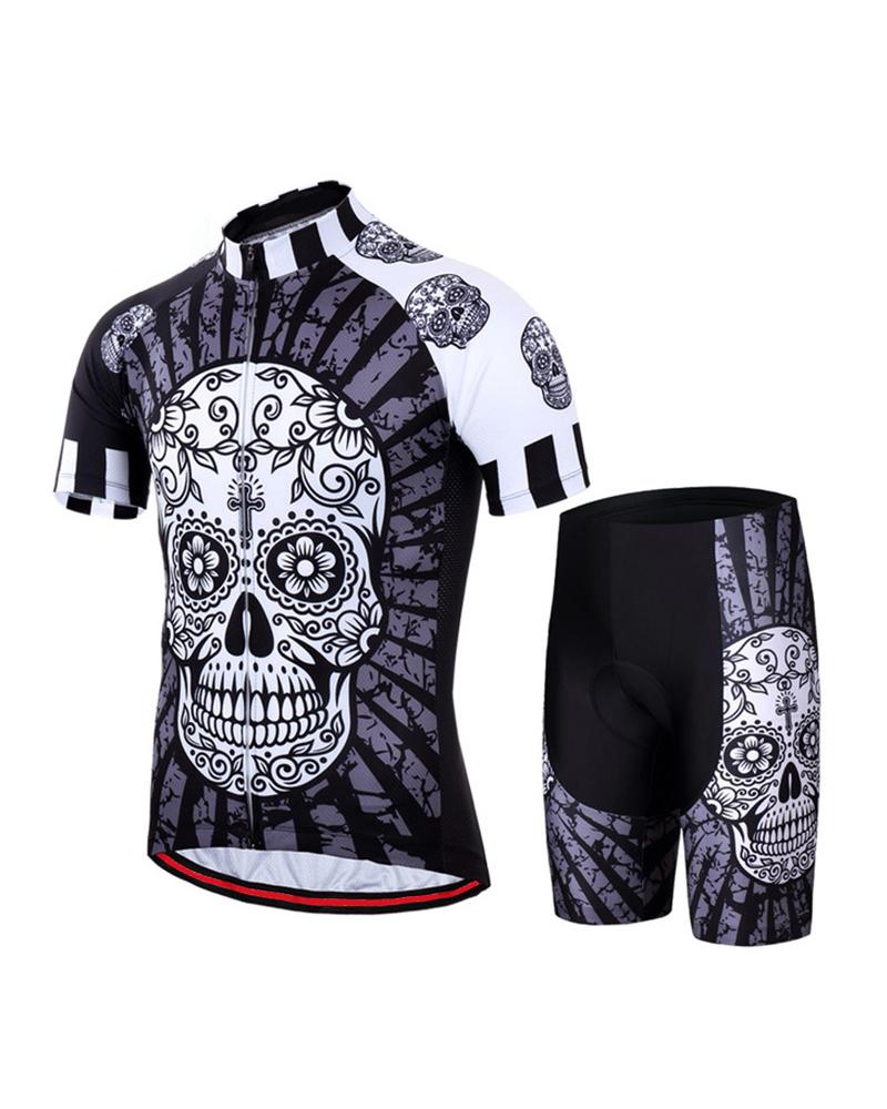 

Skeleton Patterns Print Short Sleeve T-shirts With Shorts Cycling Active Sets, Black