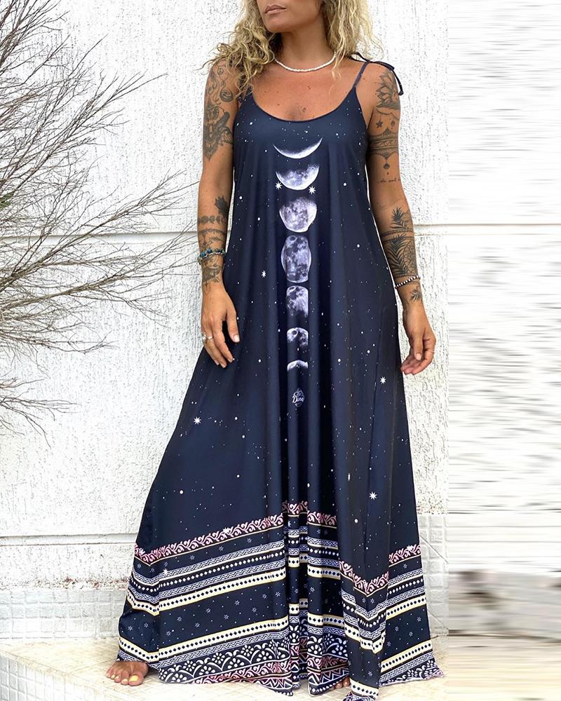 

Moon Tribal Print Sleeveless Maxi Dress, Dark blue